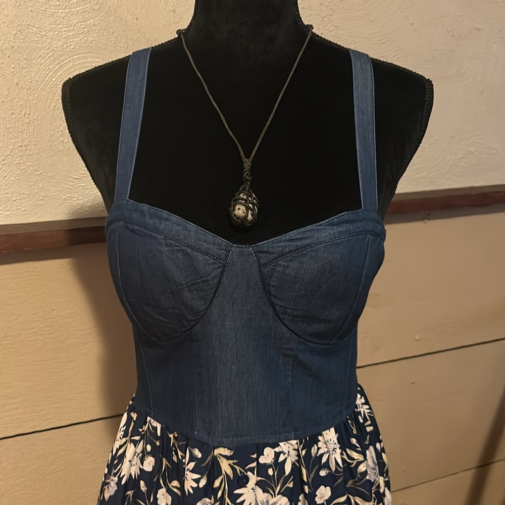 NWT! Long Maxi Navy Blue & White Floral Summer Dress w/ Corset-like Denim Top